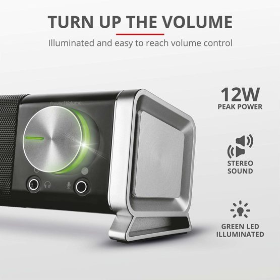 Trust Asto PC Soundbar, USB Powered Speaker Set, Rich Stereo Sound System 12 W Peak Power, Illuminated Volume Control, Speaker for PC, Monitor, TV - Black - Image 3