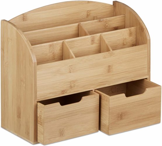 Relaxdays Bamboo Desk Organiser, Letter Holder, 6 Compartments, 2 Drawers, Wood Grain, 25.5 x 33 x 13.5 cm, Natural Brown, 13.5 x 33 x 25.5 cm - Image 3
