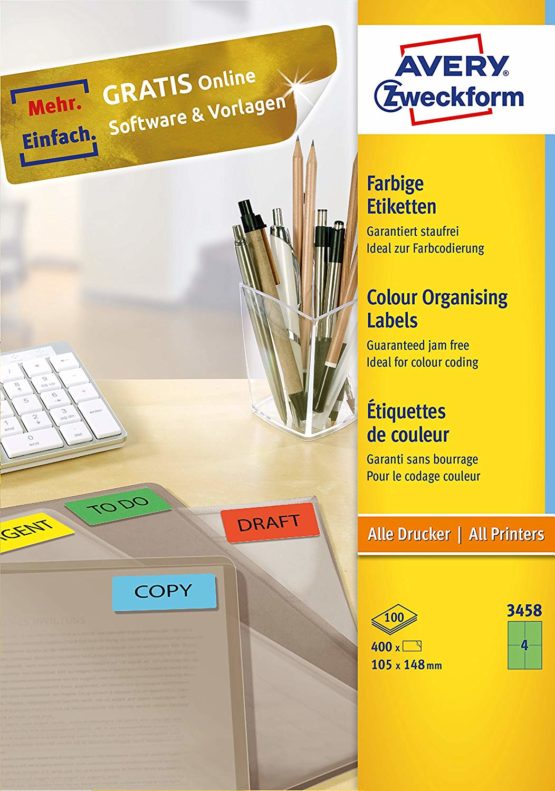 Avery Zweckform 3458 Coloured A4 (Pack of 400 Labels 105 x 148 mm 100 Sheets Green