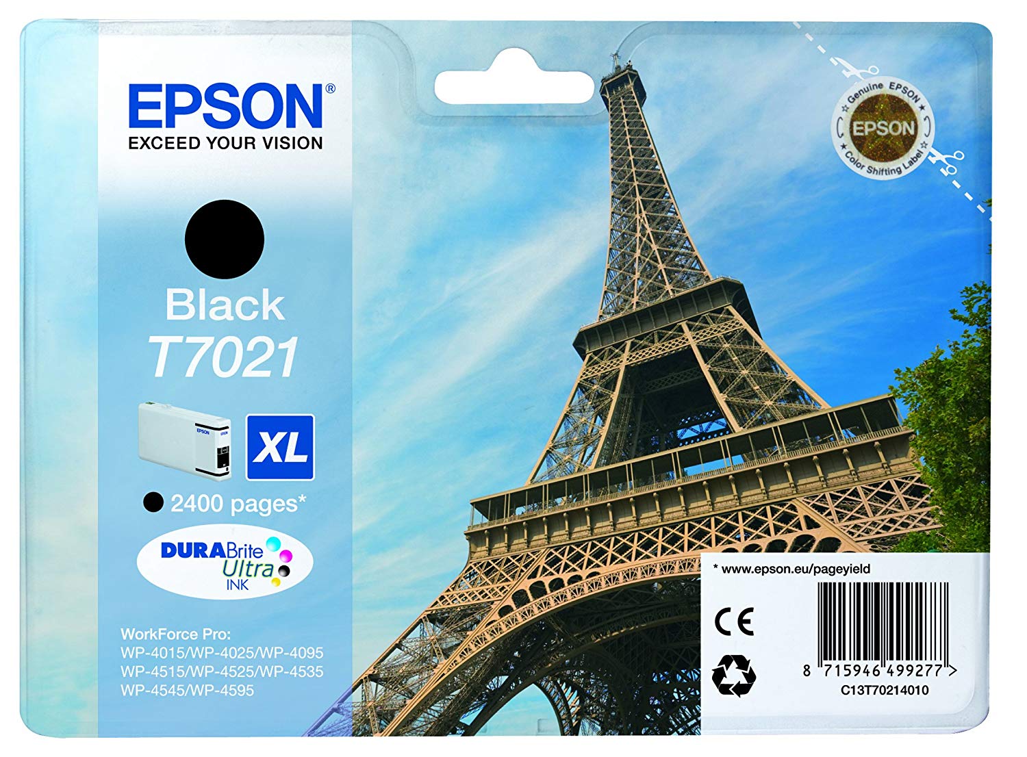 Epson T7021 Eiffel Black Genuine, XL High Yield Ink Cartridge DuraBrite Ultra