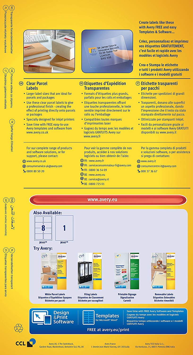 Avery Printable, Customisable Clear Parcel Address Labels, Inkjet Printers, 1 Label per A4 Sheet, 25 Labels, Quickdry (J8567) - Image 2