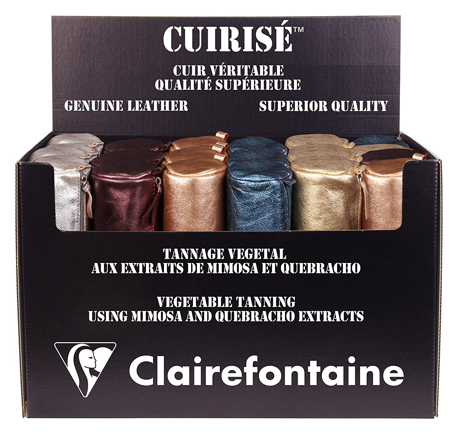 Clairefontaine 8692C, Round Gold Iridescent Effect School Pencil Case diameter 5,5x22 cm in Genuine Lambskin Leather - Image 2
