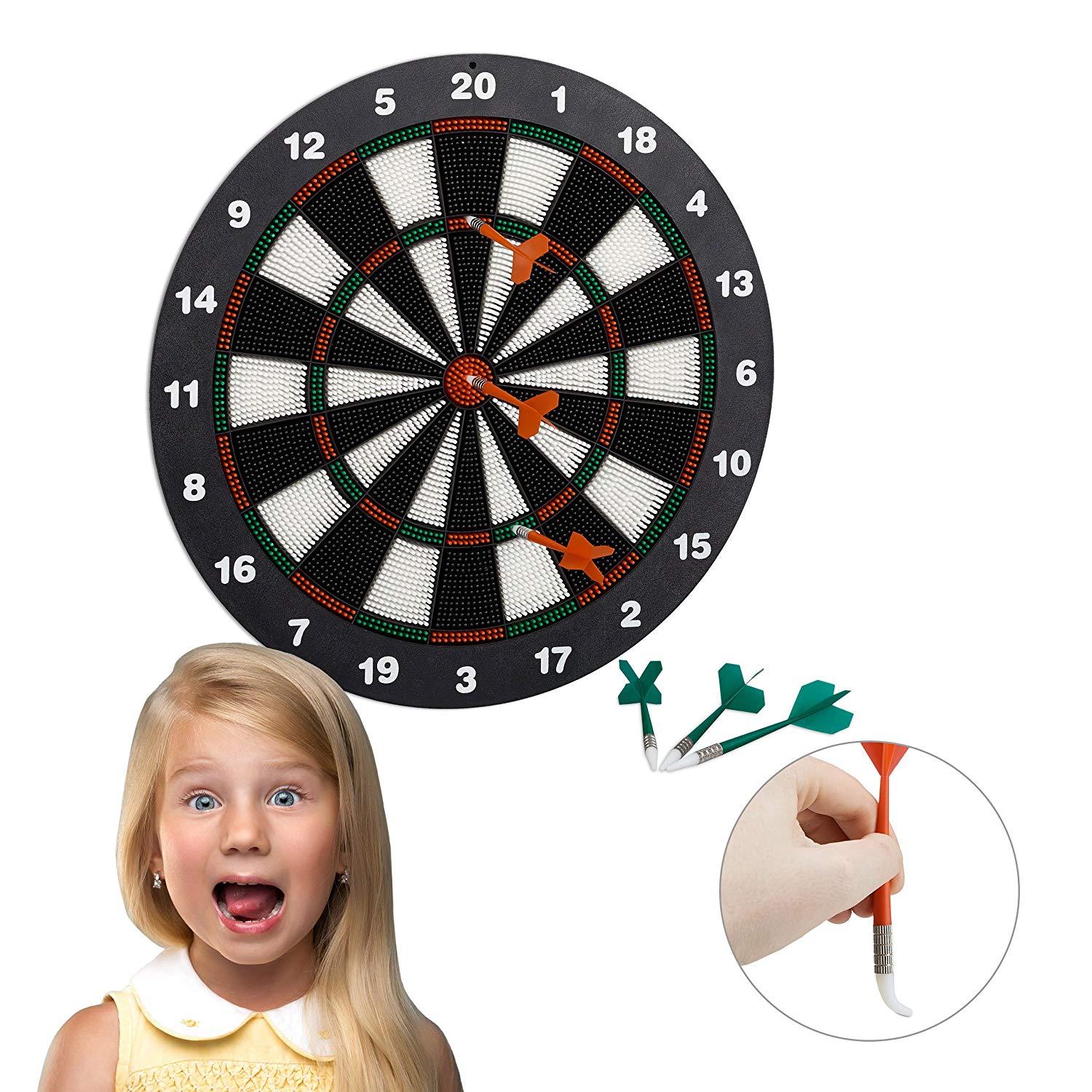Relaxdays 42 cm Soft Darts Dartboard, for Children Wall-Mounted, Freestanding Safety Board, Black-White, Size X1