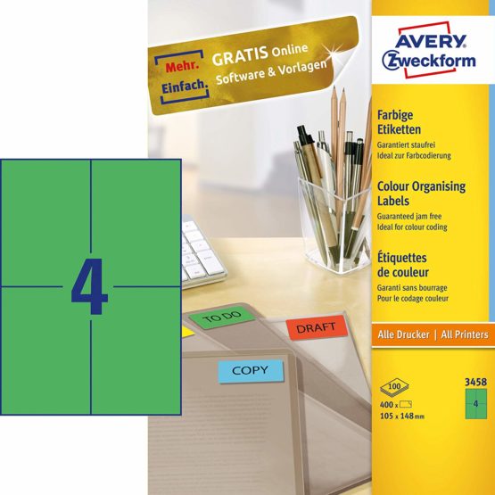 Avery Zweckform 3458 Coloured A4 (Pack of 400 Labels 105 x 148 mm 100 Sheets Green - Image 2