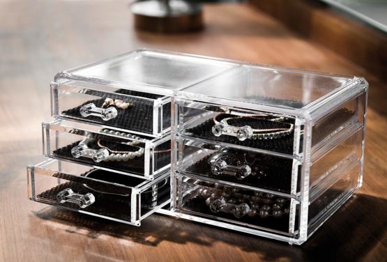 Compactor Make up and Jewellery Storage Box Drawer Organiser, With 6 Drawers, 23.8 x 15 x H. 11 cm, Polystyrene and Fabric, Transparent, RAN6044 - Image 2