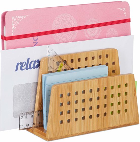 Relaxdays Bamboo Document Holder, 2 Perforated Compartments, Handy Letter Rack, Stationery Supplies, Natural, A5