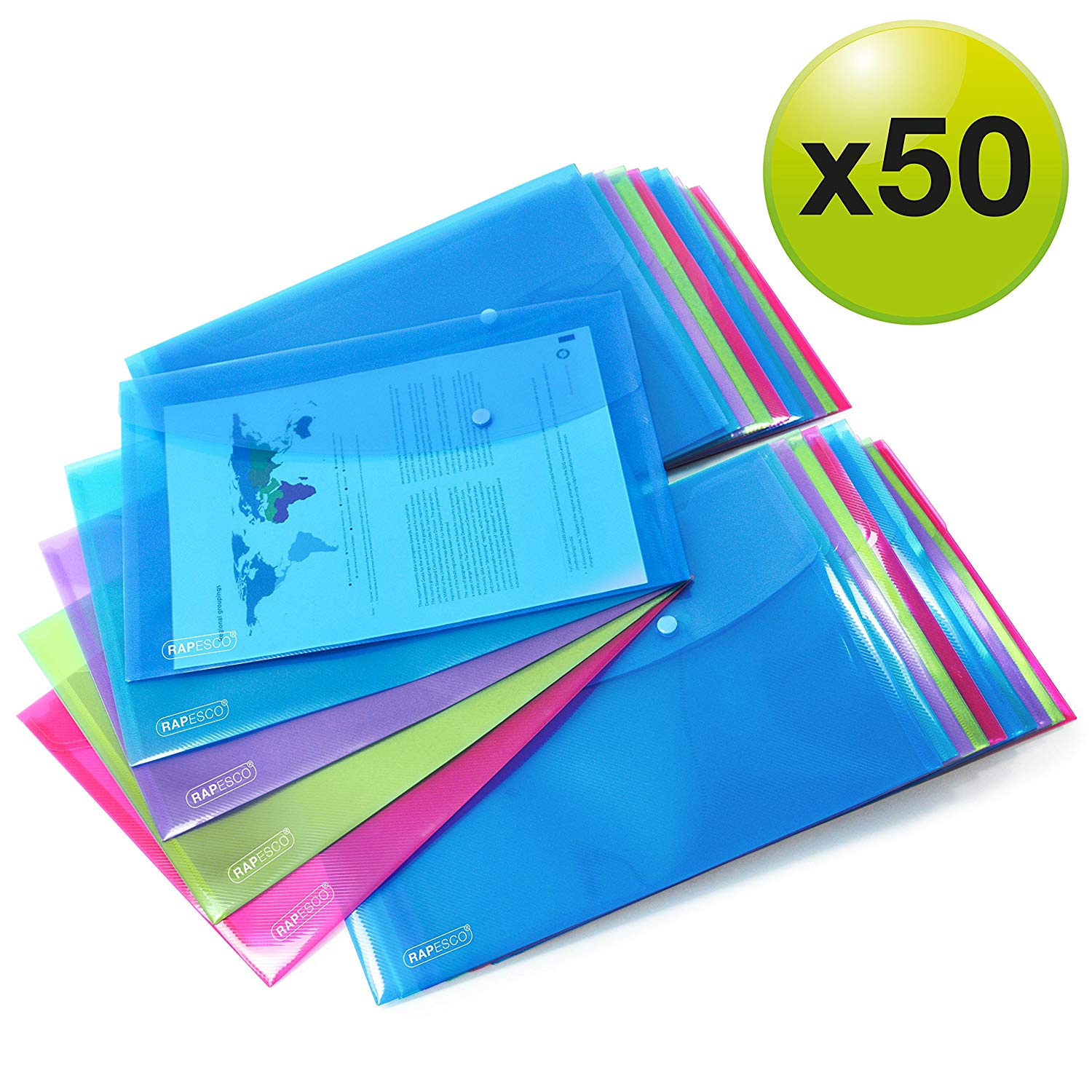 Rapesco 1495 ECO Recycled Popper Wallets, A4+, Assorted Bright Transparent Colours, Pack of 50, Assorted Colours