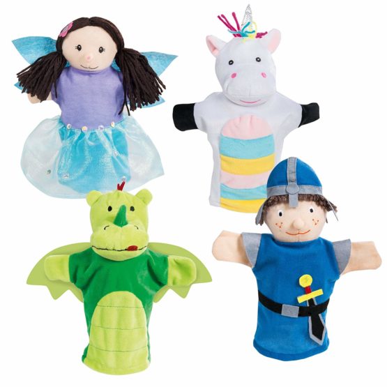 Roba 9713 Roba Hand Puppets Set, Plush Hand Puppets Pack of Children's Puppet Theatre and Puppets/Set Includes Fairy, Unicorn, Dragon and Knight Role Play – , Mehrfarbig