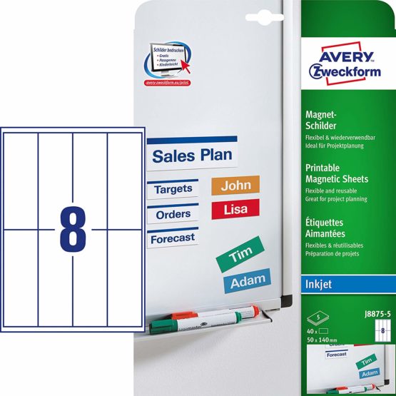 Avery Zweckform J8875-5 Printable Magnetic Sheets with Special Coating 50 x 140 mm 5 Sheets / 40 Labels White - Image 2