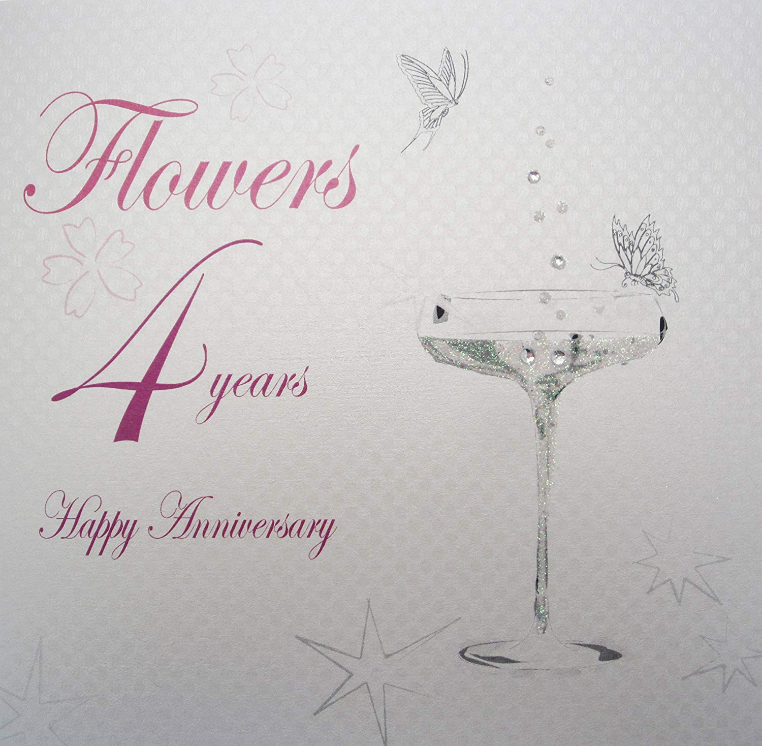 WHITE COTTON CARDS BD104C Coupe Glass Happy Anniversary 'Flowers' 4 Years Handmade Anniversary Card, White