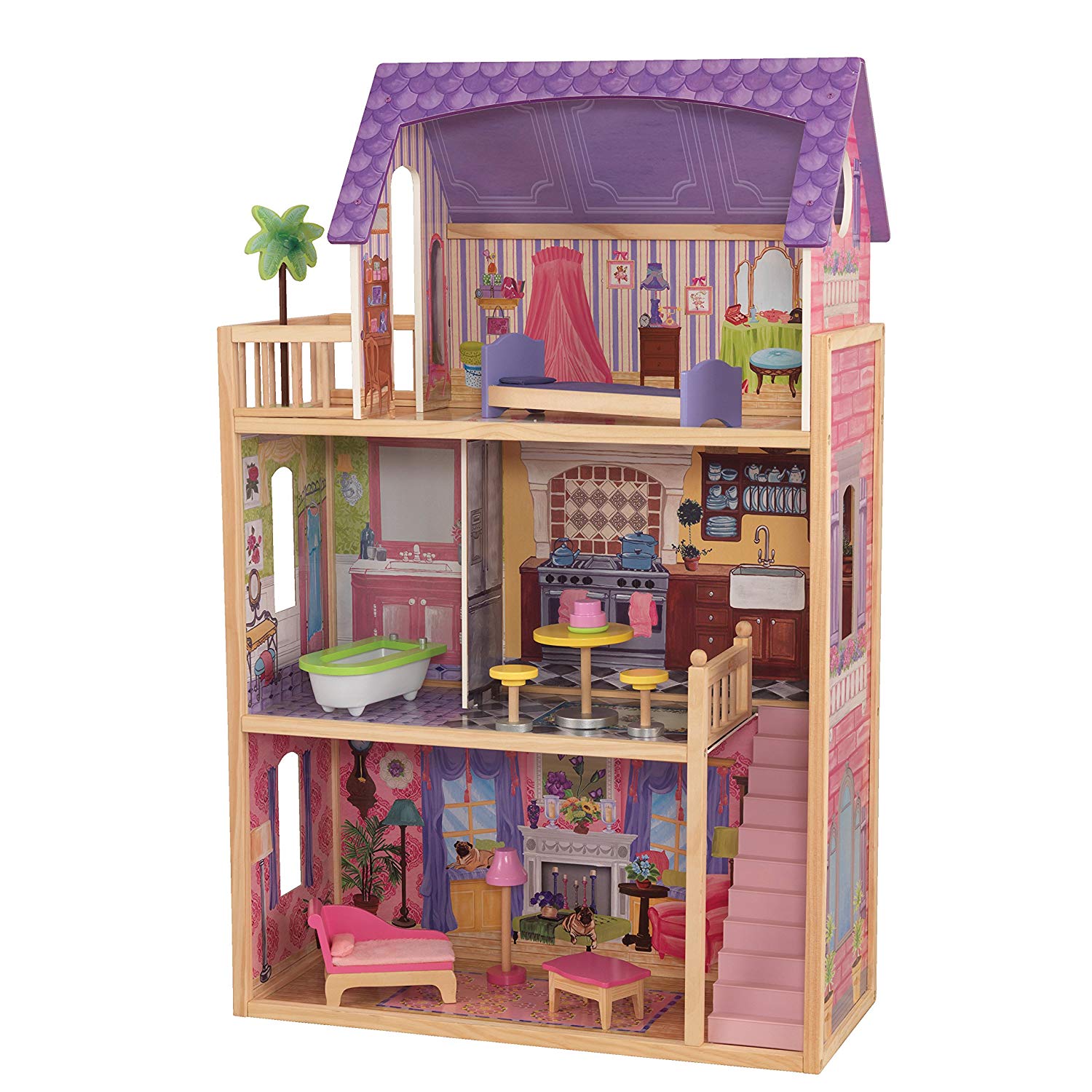 KidKraft Kayla Wooden Dolls House with Furniture and Accessories Included, 3 Storey Play Set for 30 cm/12 Inch Dolls - Image 3