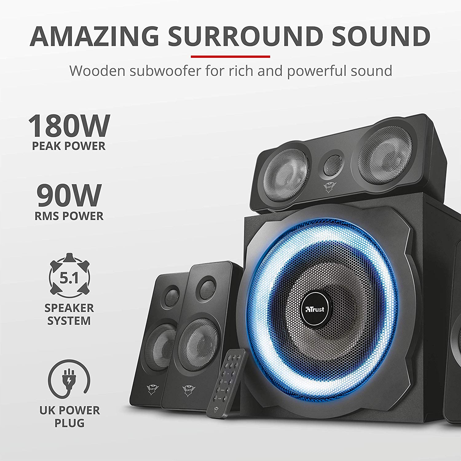 Trust Gaming GXT 658 Tytan 5.1 Surround Sound Speaker System, PC Speakers with Subwoofer, UK Plug, LED Illuminated, 180 W - Black/Blue - Image 2