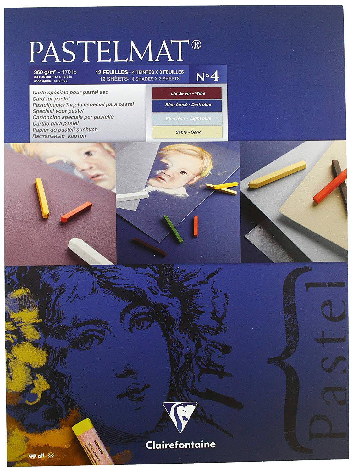 Clairefontaine, Ref 96112C, Pastelmat Pastel Card Pad No.4 (12 Sheets), 360gsm Card, 30 x 40cm, Assorted Colours