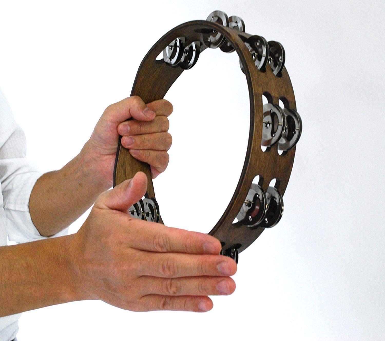 Meinl Percussion Traditional Wood Tambourine - 2-Row Tambourine - 10-inch Diameter - Siam Oak / Steel, Walnut Brown / Natural (TA2WB) - Image 4