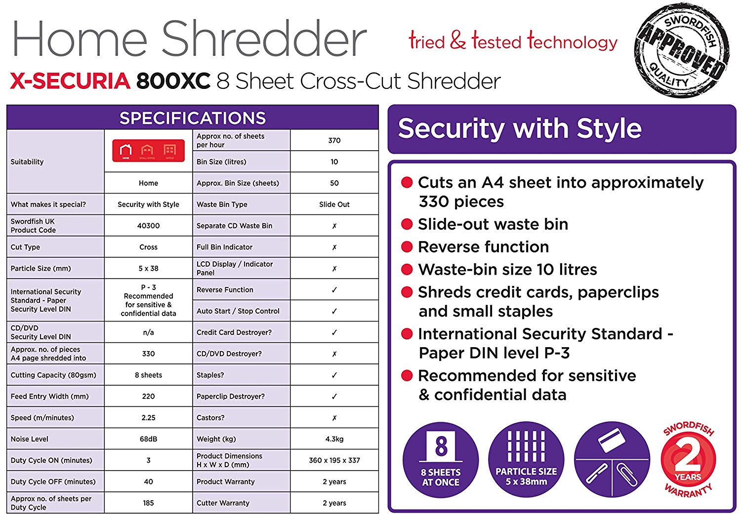 Swordfish 40300 X-Securia 800XC 8 Sheet Cross Cut Paper/Document Shredder, White - Image 2