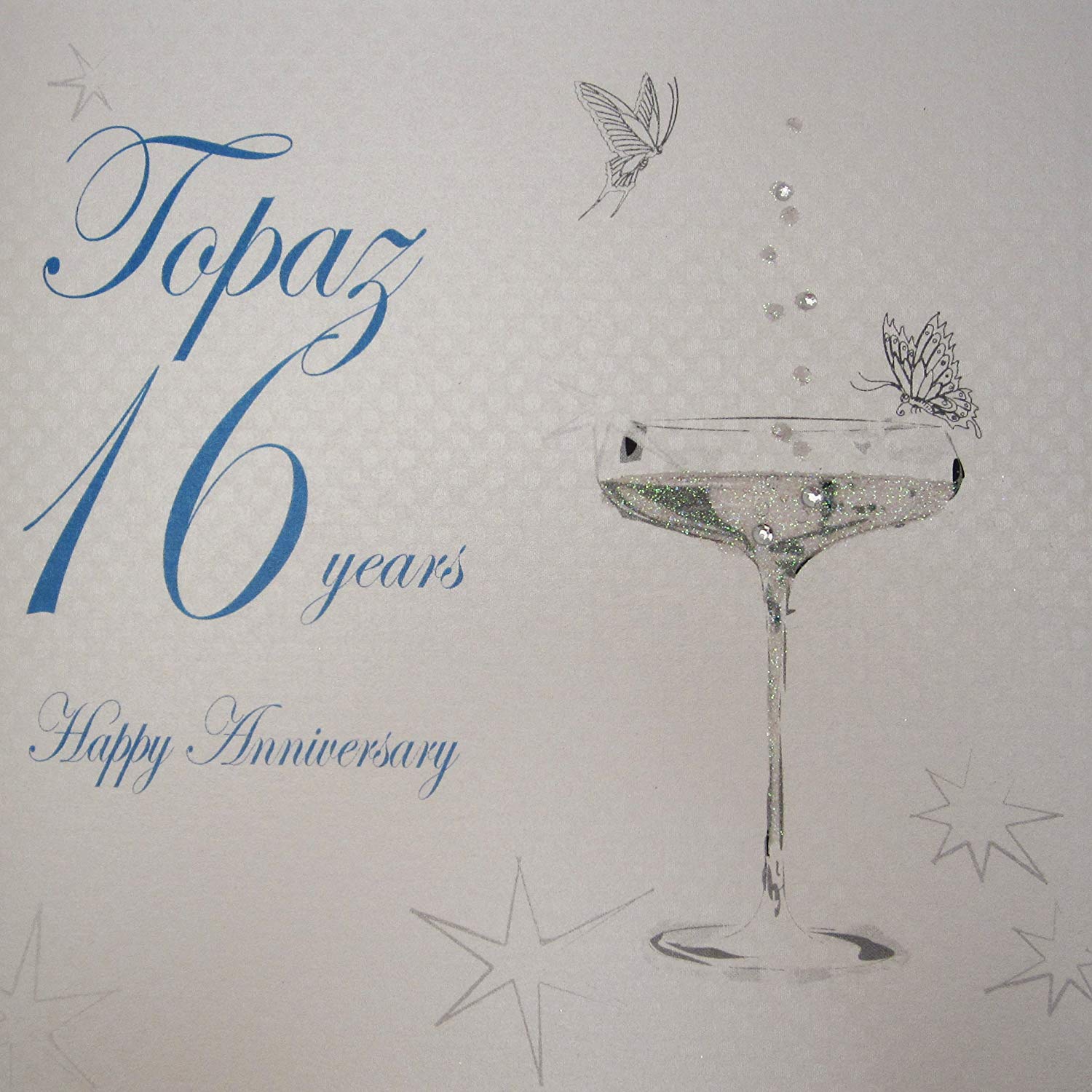 White Cotton Cards BD116C "Happy Anniversary 16 Years Anniversary Topaz" Handmade Card, White, 16cm X 16cm