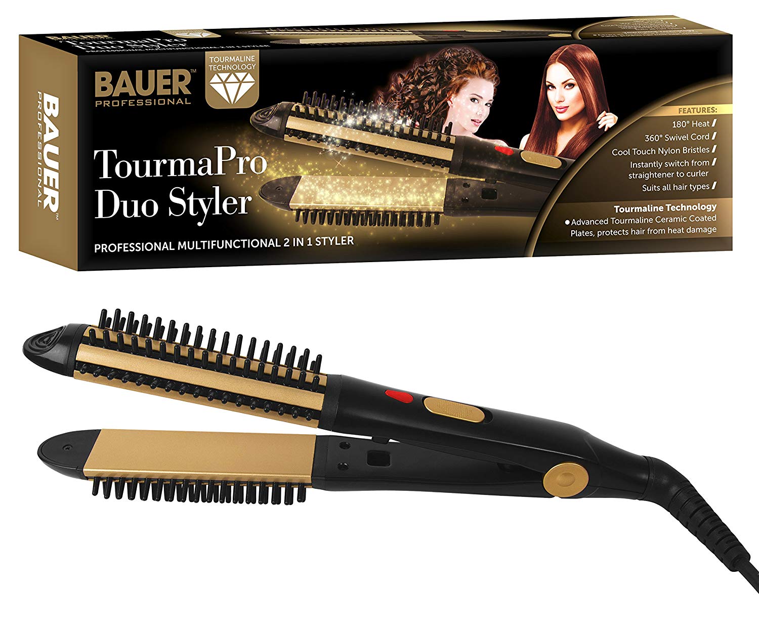 Bauer 2 in 1 Hair Styling Tool - Cermaic Hair Straighteners and Curling Brush - All Hair Types - Fast Gentle Heat - Easy to Use