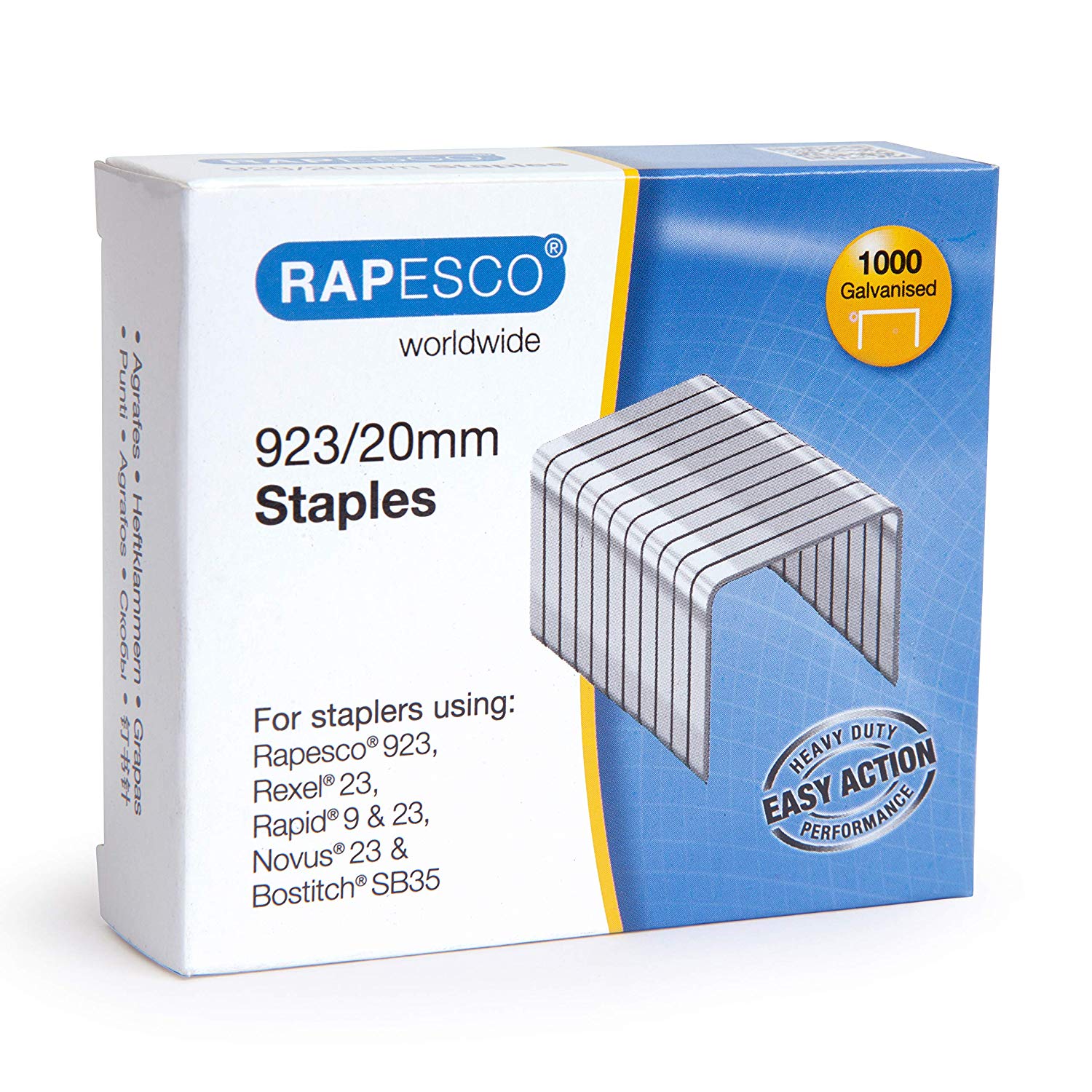Rapesco 1241 Type 923/20 mm Galvanised Heavy Duty Staples, Pack of 1000, Silver, 923/20mm