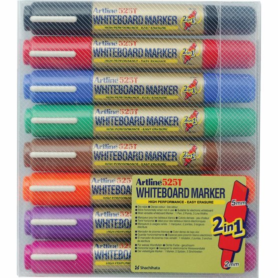 Artline 2-in-1 Whiteboard Marker Bullet Line 2.0mm Chisel Line 3.0-5.0mm Assorted Ref EK-525T [Pack of 8]