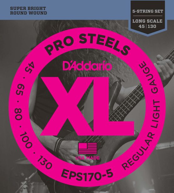 D'Addario EPS170-5 XL ProSteels Regular Light (.045-.130) 5-String Electric Bass Guitar Strings