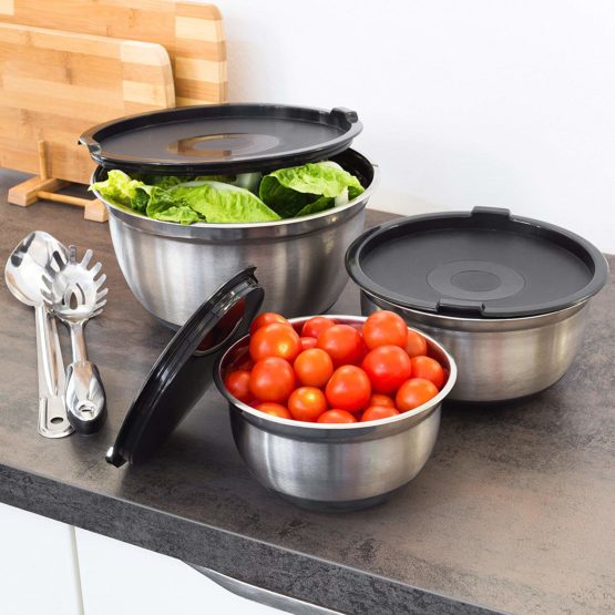 Relaxdays BOWLY, Set of 3, Diameters: 17/21 / 25.5 cm, Mixing Set Stainless Steel with Aroma Protective Salad Serving Bowl with Fresh-Preserving Lid, Silver, 25.5 x 25.5 x 14.5 cm - Image 2