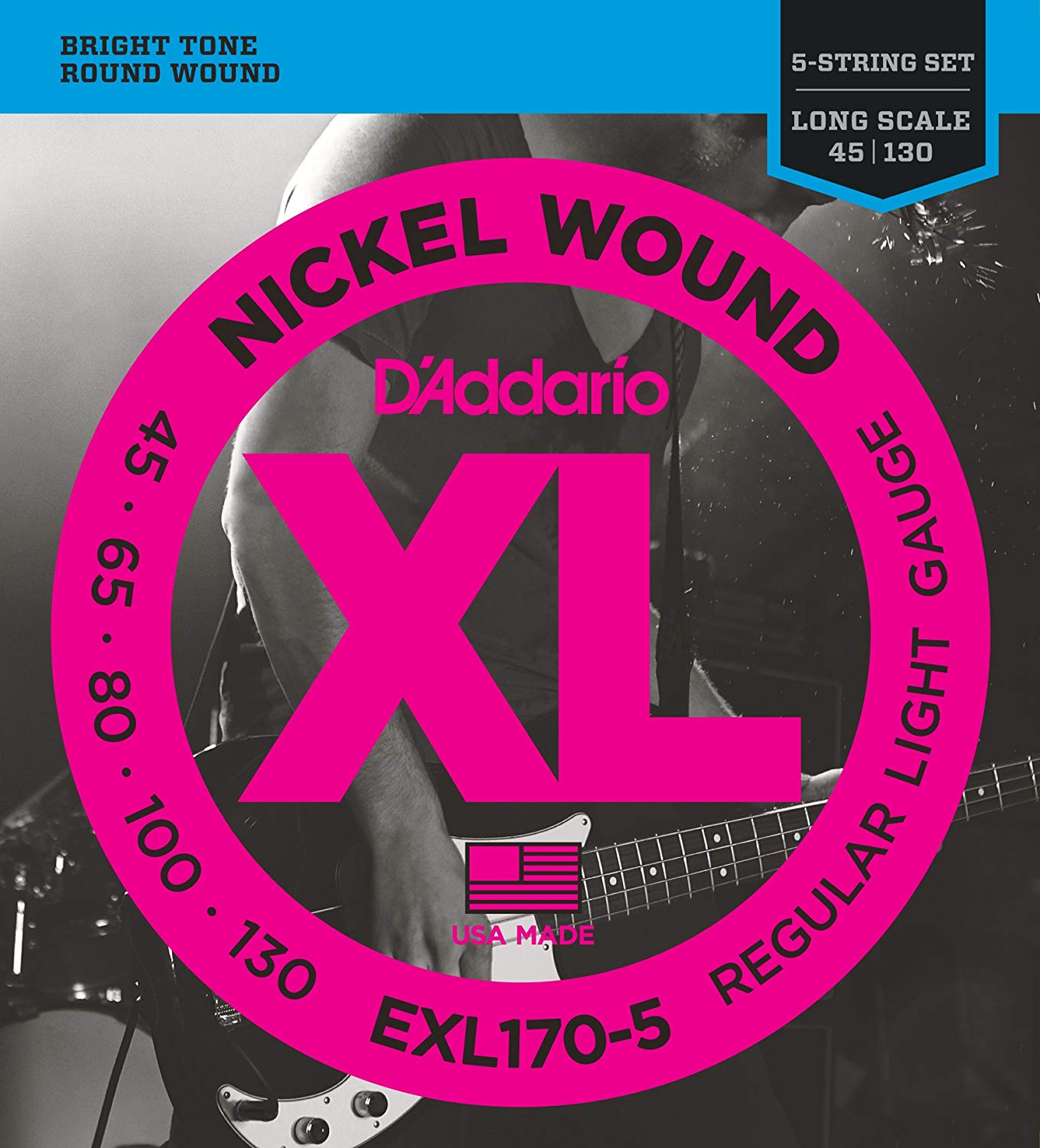 D'Addario Bass Guitar Strings, XL Nickel, EXL170-5, Perfect Intonation, Feel, Durability, 5 String Set