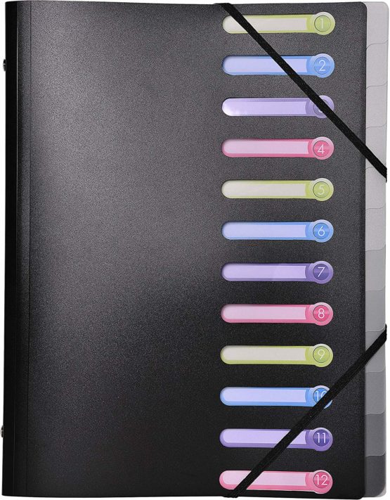 Exacompta Ref - 55981E Opak Multipart File with an Internal Pocket, 24x32cm for A4 Sized Documents, 12 Tabbed Sections and Holds up to 250 Sheets, PP Cover with Tabs - Black