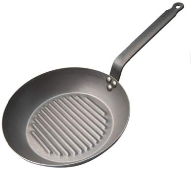 De Buyer 5530.30 Carbone Plus Round Grill Frying Pan with Riveted Steel Strip Handle, 30 cm Diameter, Silver