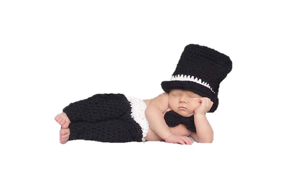 MATISSA Little Gentleman, Newborn Baby Crochet Knit Costume Photography Prop Hats and Outfits, Black,white, Newborn to 24 Months