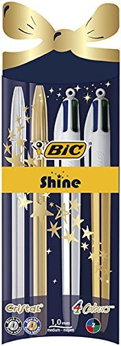 BIC Shine, Ballpoint Pen Gift Set for Christmas, Pack of 4 Pens (4 Colour and Cristal) with Gold and Silver Shiny Barrels