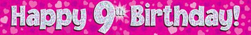 9ft Banner Happy 9th Birthday Pink holographic, 9 ft