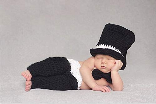 MATISSA Little Gentleman, Newborn Baby Crochet Knit Costume Photography Prop Hats and Outfits, Black,white, Newborn to 24 Months - Image 2