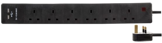 Pro Elec pl15408 5 m 6 Gang Extension Lead with 2 x USB Sockets, 5m Black with USB
