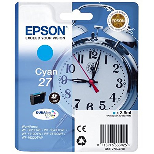Epson 27 Cyan Alarm Clock Genuine, DuraBrite Ultra Ink Cartridge, Standard Capacity, IND Cyan