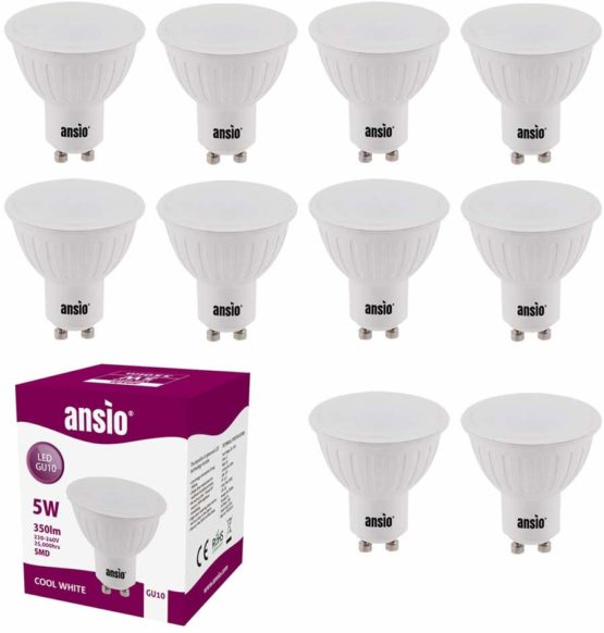 ANSIO GU10 LED Bulbs Pack of 10, Led Light Bulb Cool White, Gu10 Bulbs for Ceiling Lights 5W Equivalent to 35 Watts Halogen Light Bulbs, Non Dimmable, Save up to 85% Energy