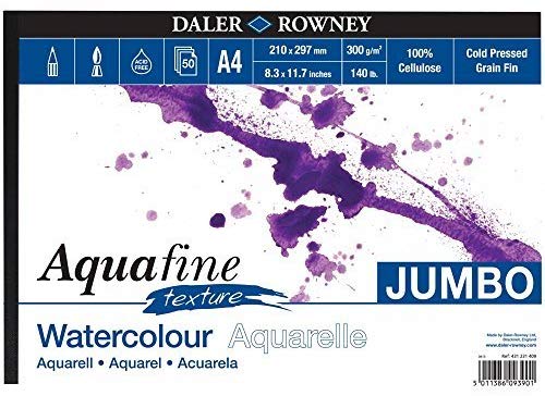 Daler-Rowney Aquafine Textured Cold-Pressed Watercolour & Gouache 300gsm A4 Paper Pad, Natural White, Glued 1 Side, 50 Sheets