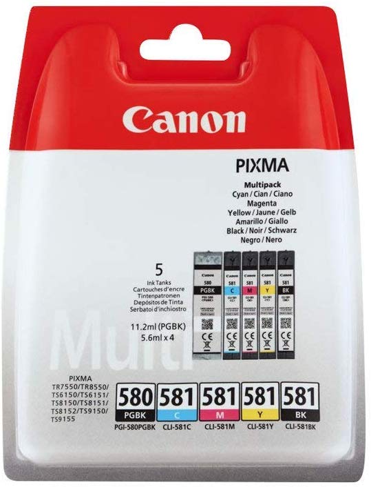 Canon PGI-580 CLI-581 BK C M Y PGBK Pack of 5 cartridges (Black Cyan Magenta Yellow Office Black Colour) Genuine Canon (Plastic Pack )