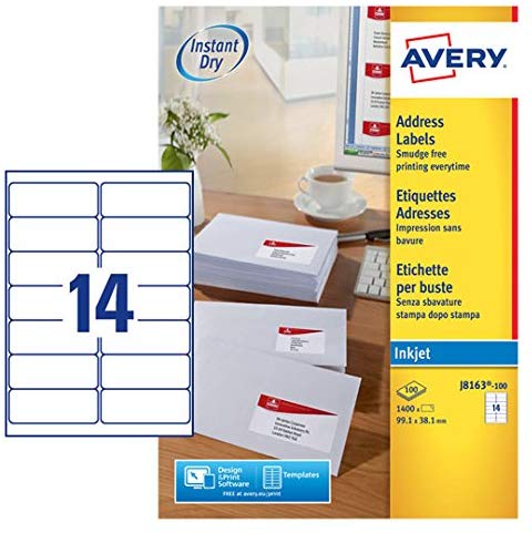 Avery Smudge Free, Printable, Address Labels, Quickdry, 99.1 x 38.1 mm, White, 14 Labels per Sheet
