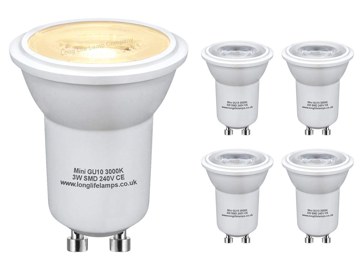 Long Life Lamp Company 5 x 3w LED Small Mini GU10 35mm Light Bulb Warm White MRGU10, 5 Count (Pack of 1)