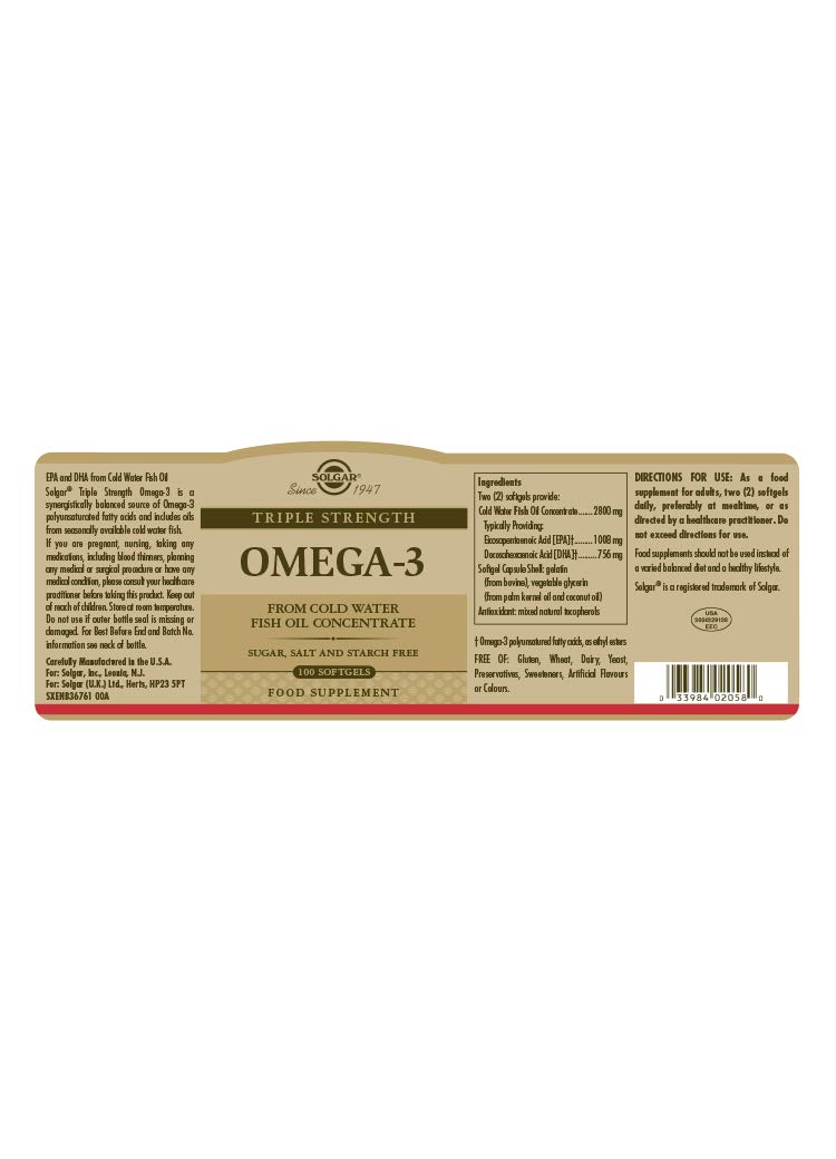 Solgar Triple Strength Omega 3, Supports Brain and Eyes, Heart Health Friendly, Fish Oil, Brown, 100 Count (Pack of 1) - Image 2