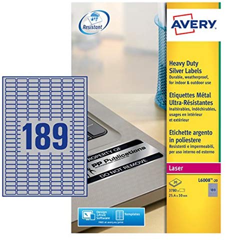 Avery L6008-20 Extra-Strong Adhesive, Tamperproof, Heavy Duty Labels, 189 Labels Per A4 Sheet - Silver, 25.4 x 10 millimetres