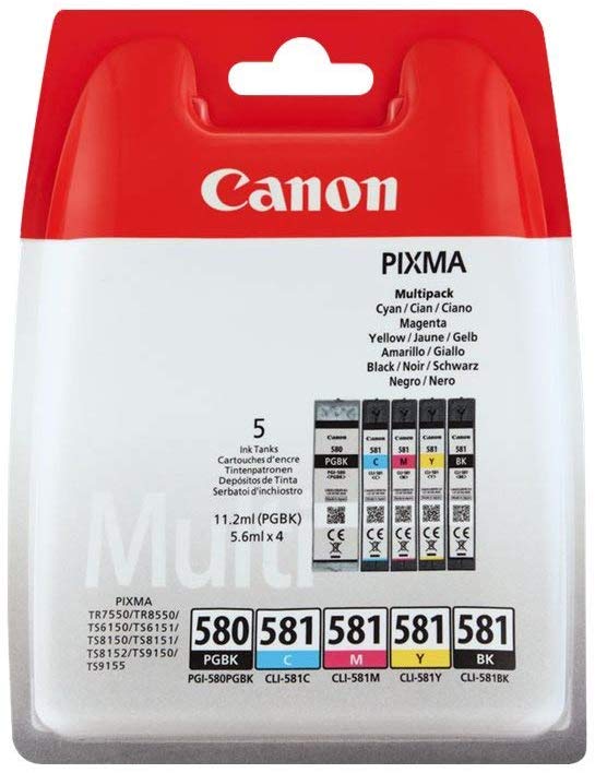 Canon PGI-580 CLI-581 BK C M Y PGBK Pack of 5 cartridges (Black Cyan Magenta Yellow Office Black Colour) Genuine Canon (Plastic Pack)