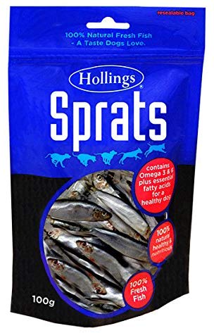 Hollings Sprats Dog Treats, 100% Natural with Fresh Fish Air Dried Treats for Dogs Hypoallergenic and Grain Free 100g (Pack of 10)