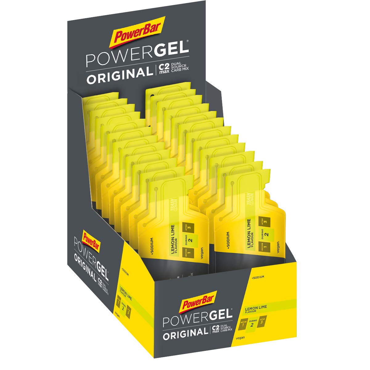 Powerbar - PowerGel Original - Lemon Lime - 24x41g - High Carb Energy Gel - Sodium - caffeine-free, Grey/Jaune, 980 g (Pack of 1)