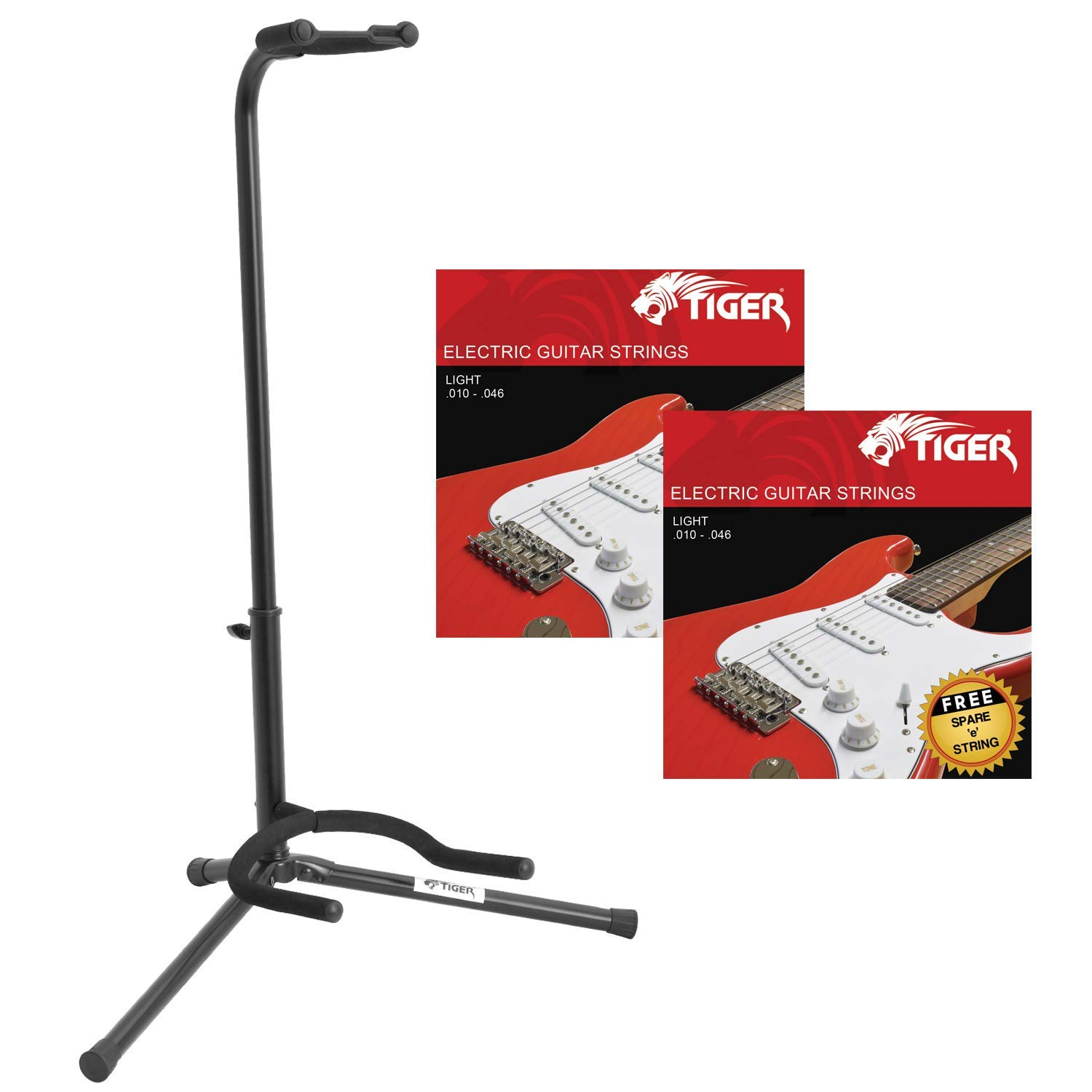 Tiger Universal Guitar Stand & 2 Packs of Electric Guitar Strings, black