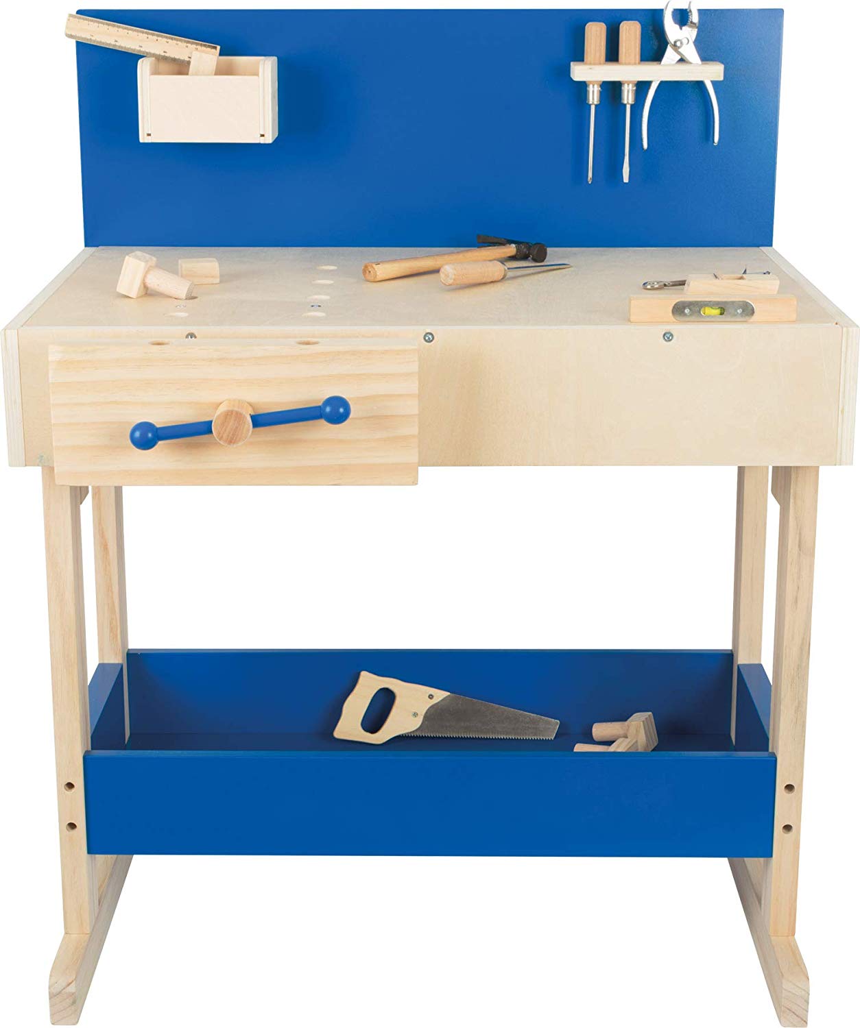small foot 10839 Workbench in natural and blue wood, with large worktop and tools, from 8 years old, Multicoloured, standard size - Image 2
