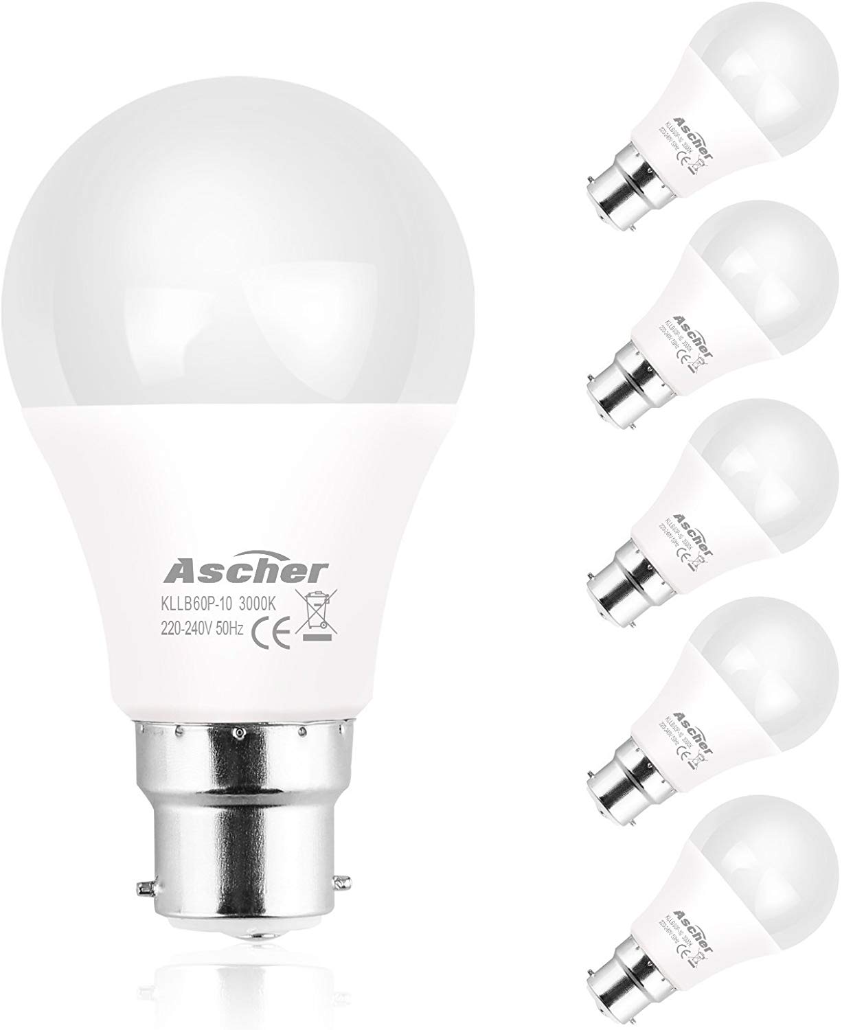 Ascher B22 LED Bayonet Light Bulbs, 60W Incandescent Bulb Equivalent ...