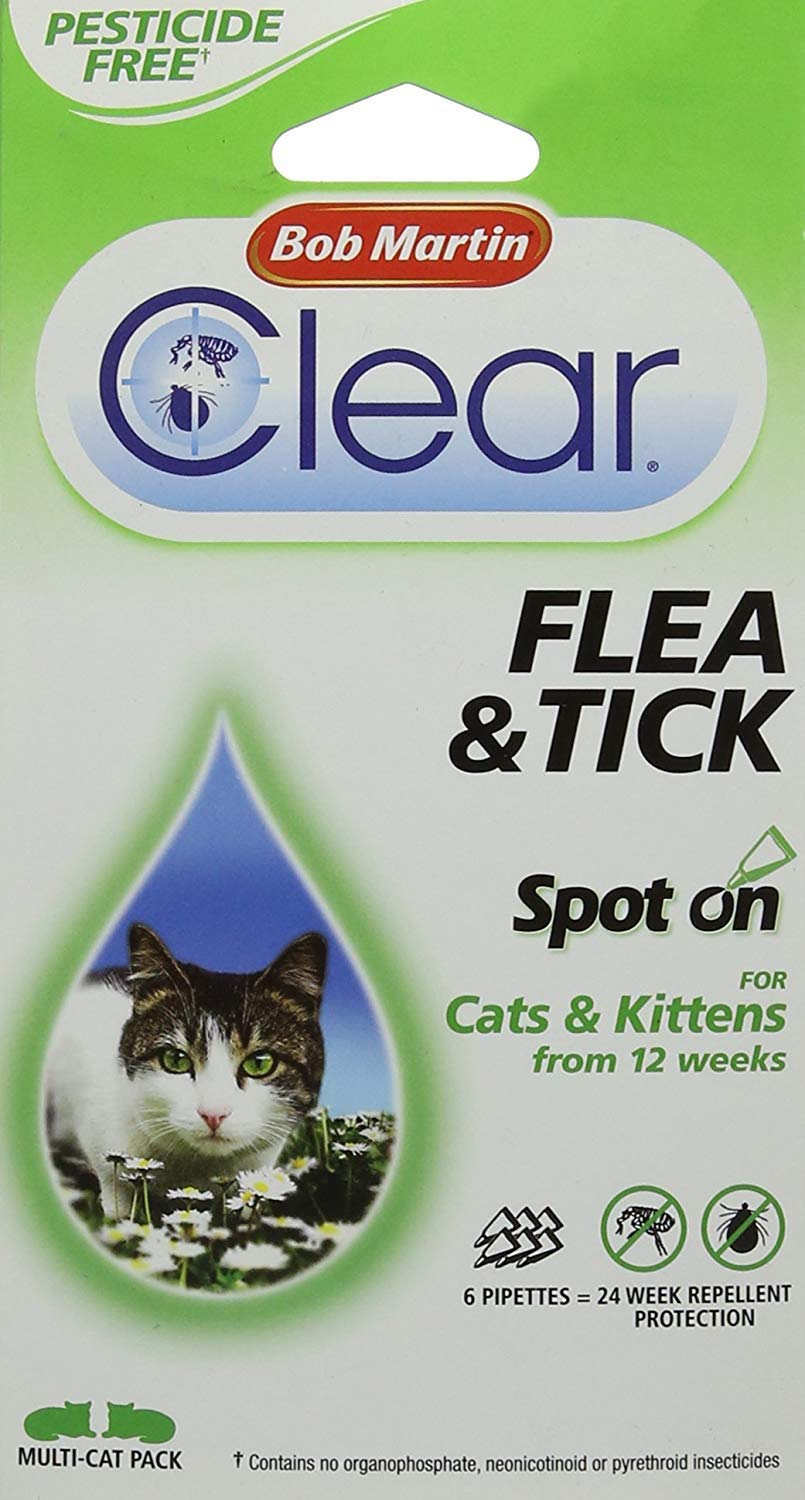 Bob Martin Clear | Spot On Flea & Tick Repellent for Cats and Kittens | Pesticide Free | Clinically Proven Protection (6 Pipettes )