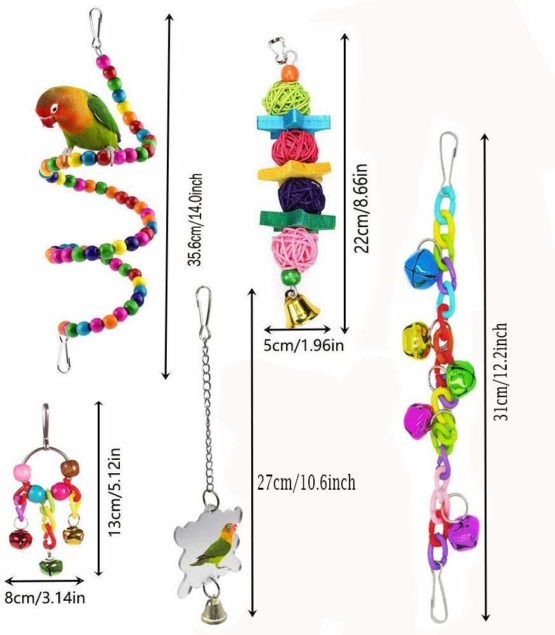 ESRISE 7 Pcs Bird Parrot Toys, Hanging Bell Pet Bird Cage Hammock Swing Climbing Ladders Toy Wooden Perch Mirror Chewing Toy for Conures, Love Birds, Small Parakeets Cockatiels, Macaws (Muliti-B) - Image 4