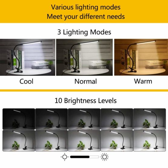 LED Clip Desk Lamp, Reading Light Study Lamp Eye Care Protection with 10 Dimmable Brightness & 3 Light Modes, USB Powered Flexible Gooseneck Clamp for Bed Headboard Table Office Lights, 7W (Black) - Image 2